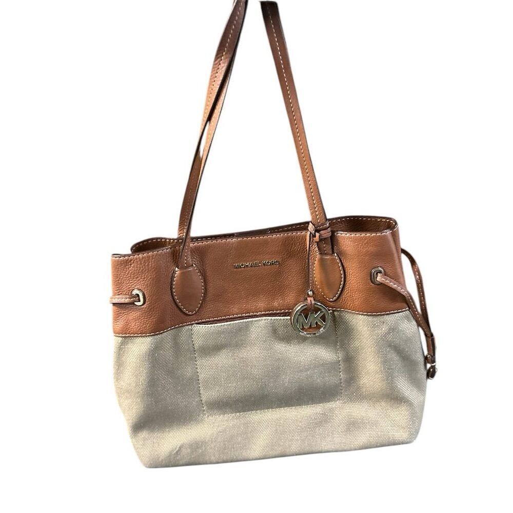 Michael Kors Marina Tan Canvas‎ Leather Drawstring Shoulder Bag